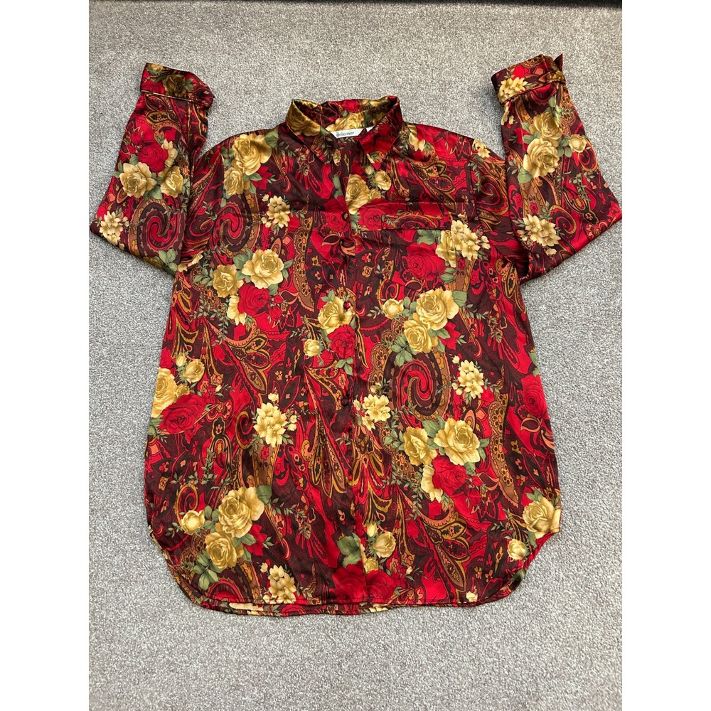 Delicates Pajama Top Womens XL Red Yellow Floral Paisley Satin Button Up Exc